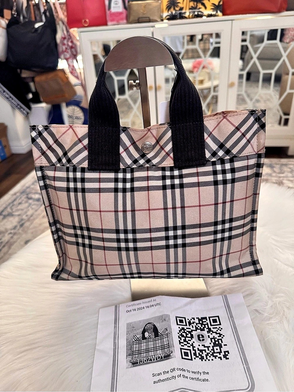 Burberry Blue Label Nova Check Nylon Mini Tote Plaid Tote Bag in Beige & Black